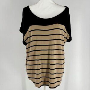 Cable & Gauge Womens Black & Beige Striped Short Sleeve Top With Button Back XL